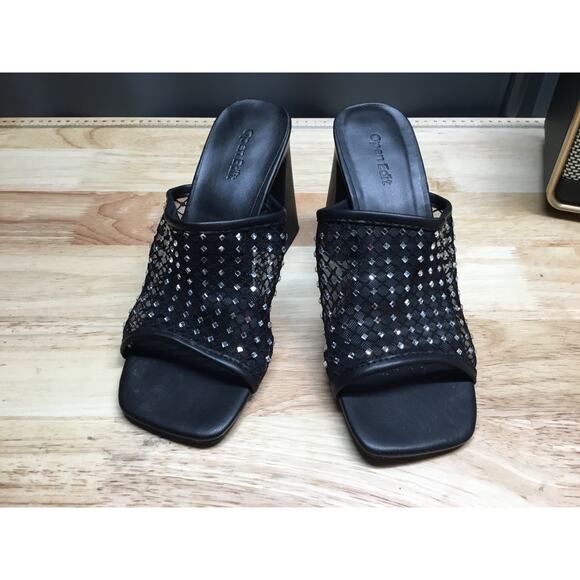 Open Edit Slide Sandals Women's 7 Black Mesh Rhinestones High Block Heels Preppy - Picture 1 of 7